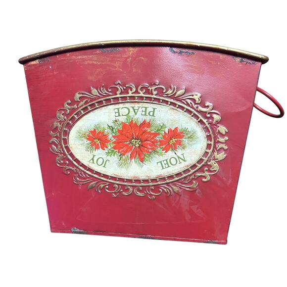Red Metal Pot Tin Noel Joy Peace Christmas Holiday Flower Plant Planted Vase - Picture 13 of 16